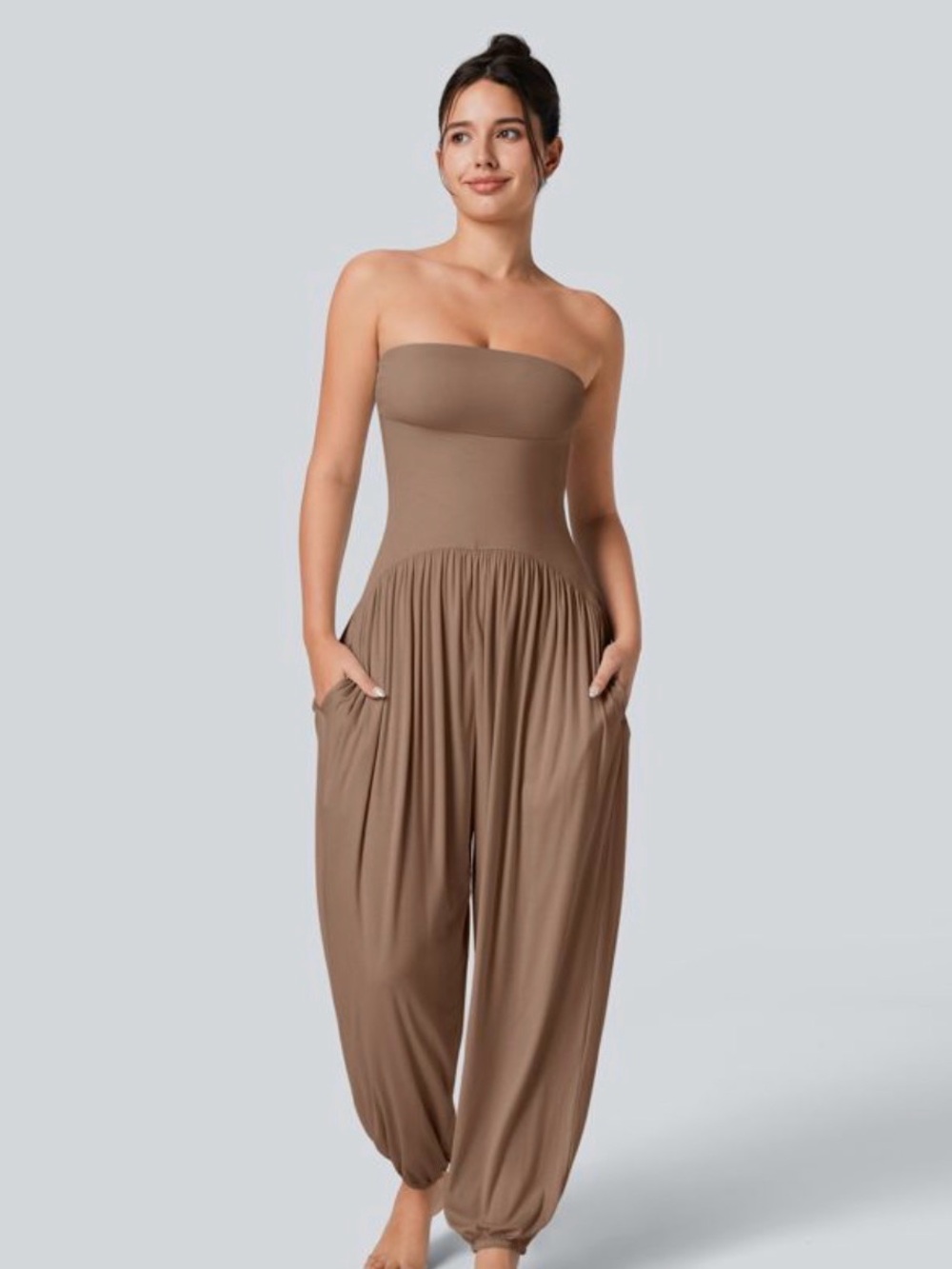 Taupe/brown Halara strapless jumpsuit